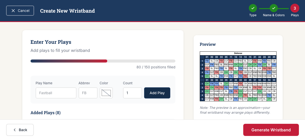 Screenshot of the enter your plays page in the Armband Creator application