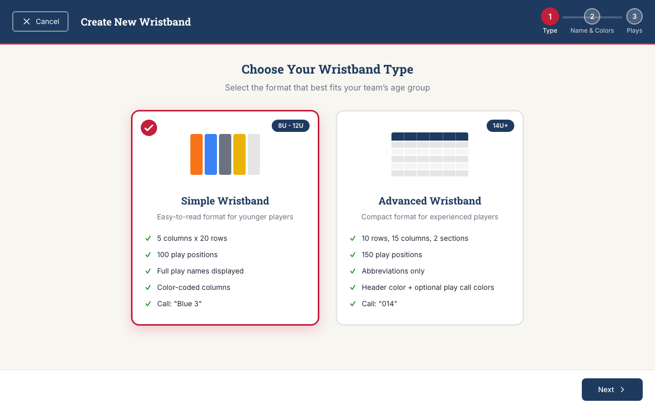 Armband Creator layout selection screen showing Simple and Advanced options