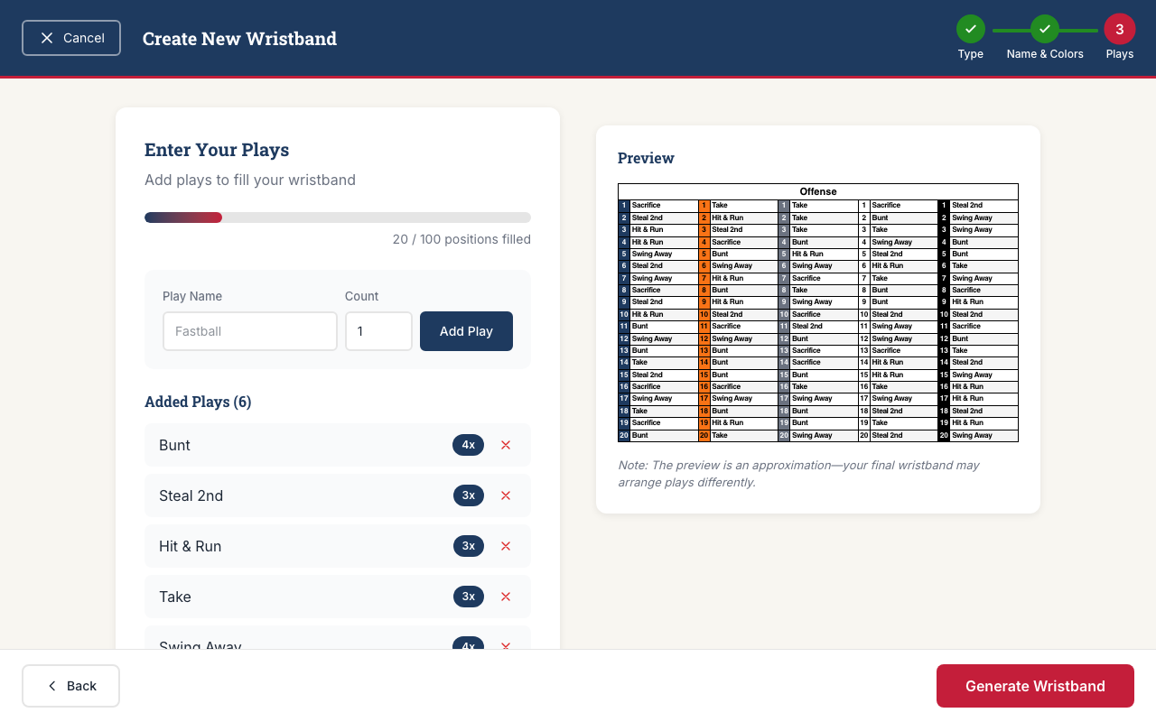 Entering plays into color-coded columns in the Simple layout editor