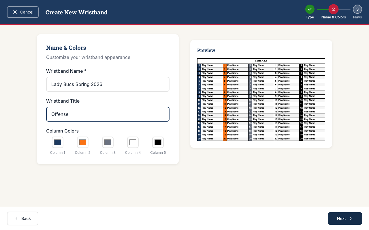 Naming the wristband and selecting team colors for each column